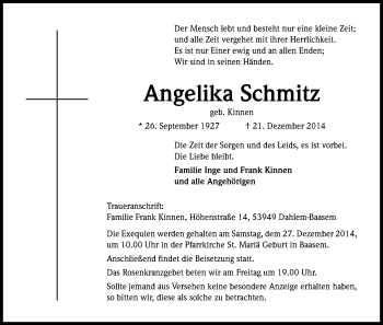 Anzeige von Angelika Schmitz von Kölner Stadt-Anzeiger / Kölnische Rundschau / Express