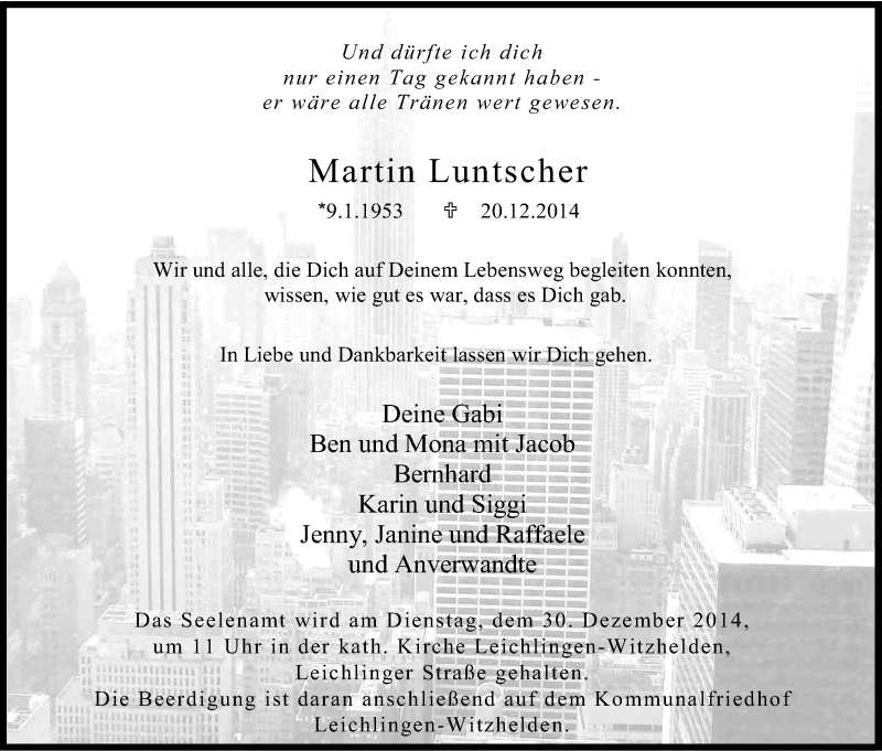  Traueranzeige für Martin Luntscher vom 27.12.2014 aus Kölner Stadt-Anzeiger / Kölnische Rundschau / Express