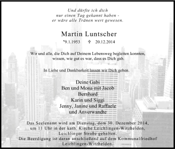 Anzeige von Martin Luntscher von Kölner Stadt-Anzeiger / Kölnische Rundschau / Express