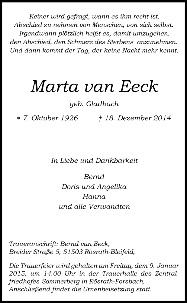  Traueranzeige für Marta van Eeck vom 27.12.2014 aus Kölner Stadt-Anzeiger / Kölnische Rundschau / Express