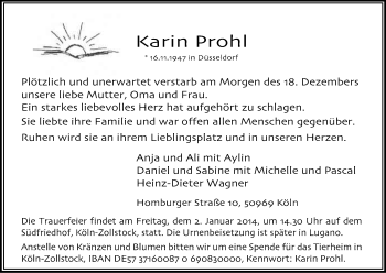 Anzeige von Karin Prohl von Kölner Stadt-Anzeiger / Kölnische Rundschau / Express