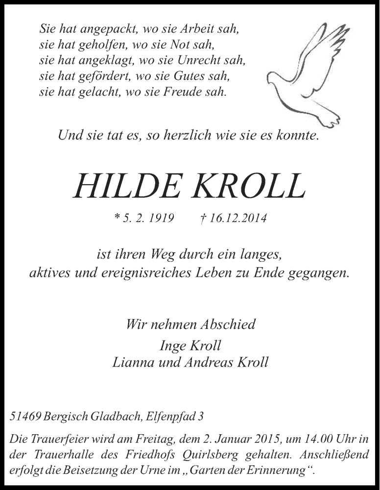  Traueranzeige für Hilde Kroll vom 27.12.2014 aus Kölner Stadt-Anzeiger / Kölnische Rundschau / Express