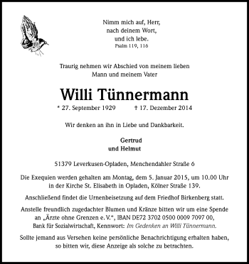 Anzeige von Willi Tünnermann von Kölner Stadt-Anzeiger / Kölnische Rundschau / Express