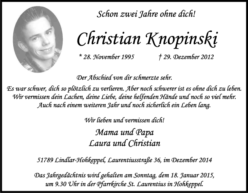 Traueranzeige für Christian Knopinski vom 27.12.2014 aus Kölner Stadt-Anzeiger / Kölnische Rundschau / Express