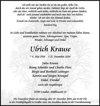 Anzeige von Ulrich Krause von Kölner Stadt-Anzeiger / Kölnische Rundschau / Express