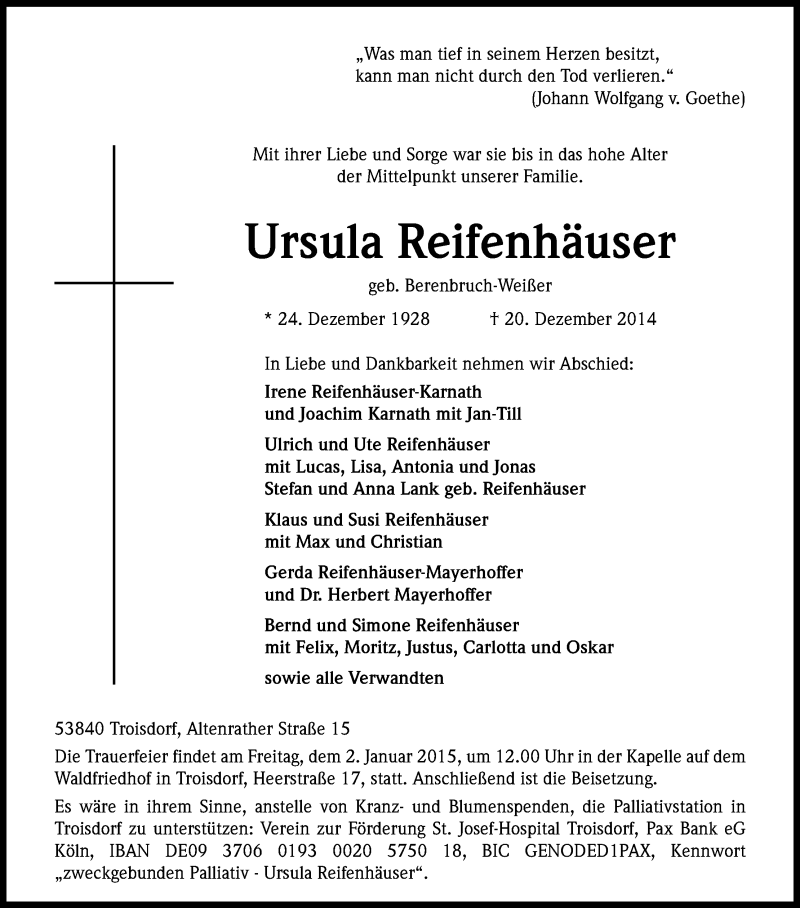  Traueranzeige für Ursula Reifenhäuser vom 27.12.2014 aus Kölner Stadt-Anzeiger / Kölnische Rundschau / Express
