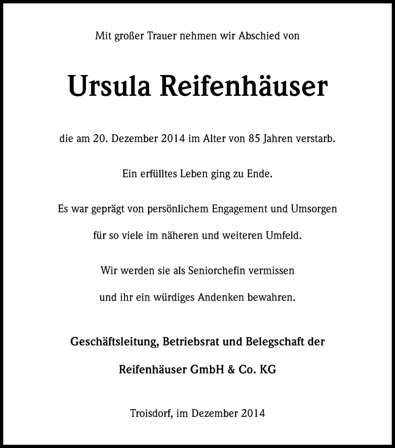  Traueranzeige für Ursula Reifenhäuser vom 27.12.2014 aus Kölner Stadt-Anzeiger / Kölnische Rundschau / Express