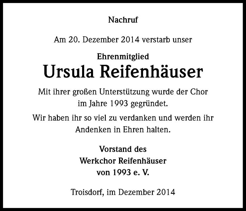  Traueranzeige für Ursula Reifenhäuser vom 27.12.2014 aus Kölner Stadt-Anzeiger / Kölnische Rundschau / Express