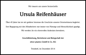 Anzeige von Ursula Reifenhäuser von Kölner Stadt-Anzeiger / Kölnische Rundschau / Express