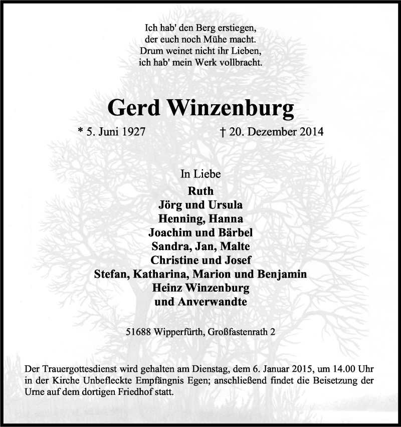  Traueranzeige für Gerd Winzenburg vom 24.12.2014 aus Kölner Stadt-Anzeiger / Kölnische Rundschau / Express