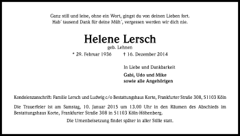 Anzeige von Helene Lersch von Kölner Stadt-Anzeiger / Kölnische Rundschau / Express