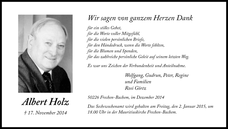  Traueranzeige für Albert Holz vom 29.12.2014 aus Kölner Stadt-Anzeiger / Kölnische Rundschau / Express