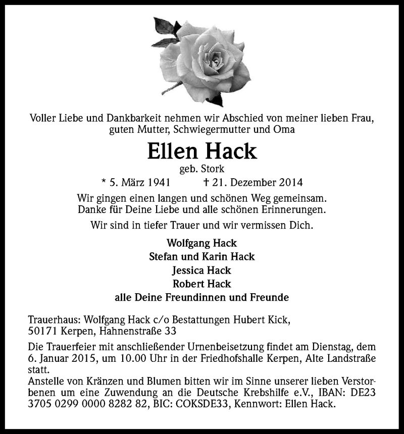  Traueranzeige für Ellen Hack vom 03.01.2015 aus Kölner Stadt-Anzeiger / Kölnische Rundschau / Express