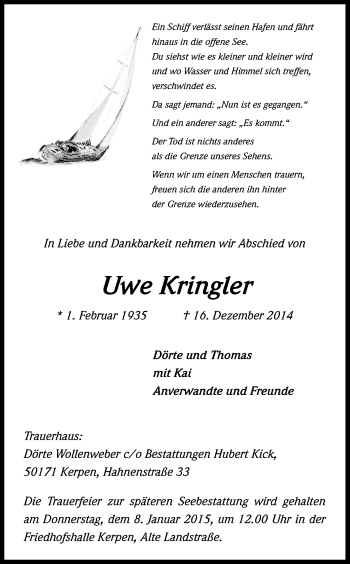 Anzeige von Uwe Kringler von Kölner Stadt-Anzeiger / Kölnische Rundschau / Express