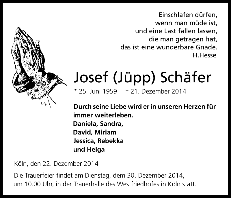  Traueranzeige für Josef  Schäfer vom 27.12.2014 aus Kölner Stadt-Anzeiger / Kölnische Rundschau / Express