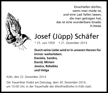 Anzeige von Josef  Schäfer von Kölner Stadt-Anzeiger / Kölnische Rundschau / Express