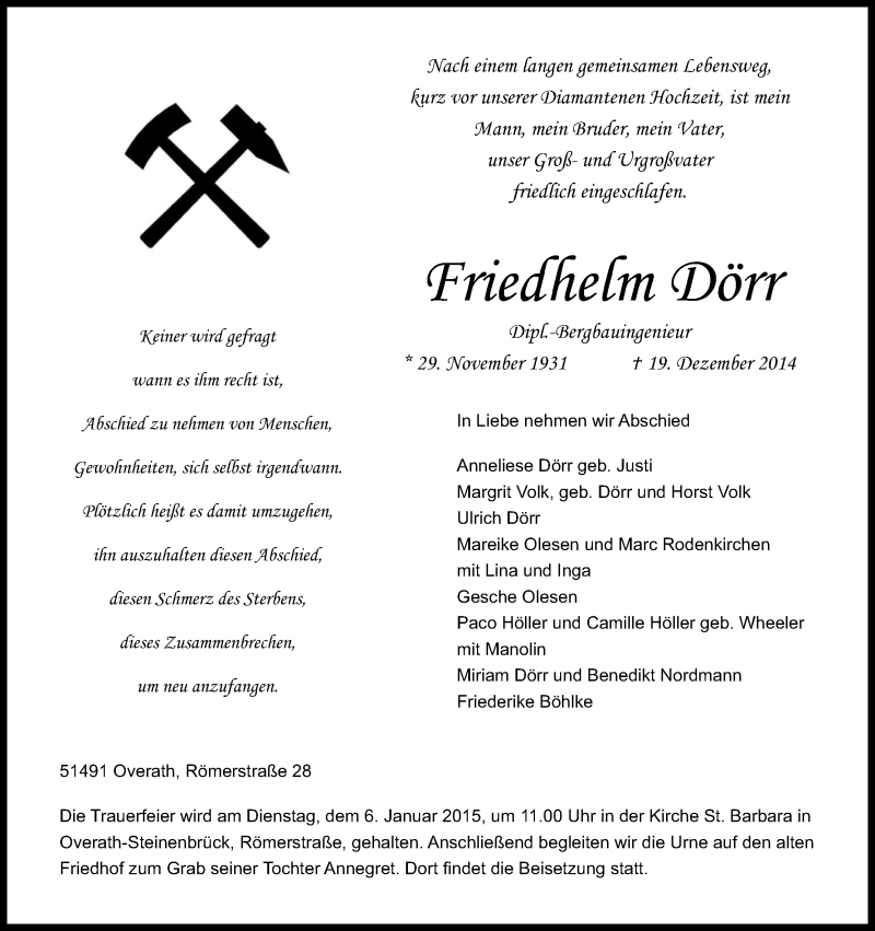  Traueranzeige für Friedhelm Dörr vom 27.12.2014 aus Kölner Stadt-Anzeiger / Kölnische Rundschau / Express