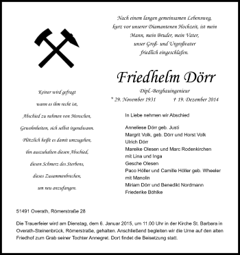 Anzeige von Friedhelm Dörr von Kölner Stadt-Anzeiger / Kölnische Rundschau / Express