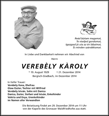 Anzeige von Verebely Karoly von Kölner Stadt-Anzeiger / Kölnische Rundschau / Express