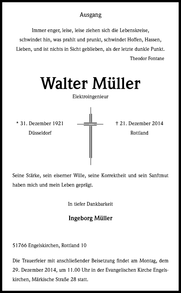  Traueranzeige für Walter Müller vom 24.12.2014 aus Kölner Stadt-Anzeiger / Kölnische Rundschau / Express