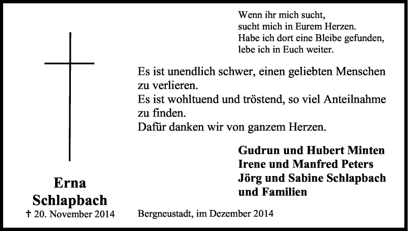  Traueranzeige für Erna Schlapbach vom 27.12.2014 aus Kölner Stadt-Anzeiger / Kölnische Rundschau / Express