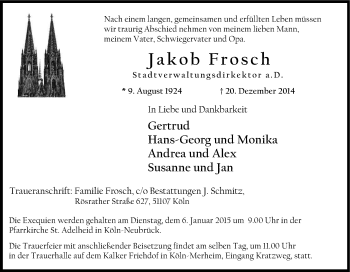 Anzeige von Jakob Frosch von Kölner Stadt-Anzeiger / Kölnische Rundschau / Express