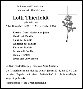 Anzeige von Lotti Thierfeldt von Kölner Stadt-Anzeiger / Kölnische Rundschau / Express
