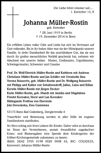 Anzeige von Johanna Müller-Rostin von Kölner Stadt-Anzeiger / Kölnische Rundschau / Express