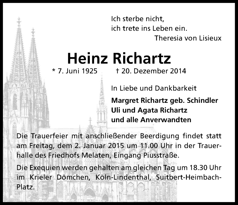  Traueranzeige für Heinz Richartz vom 27.12.2014 aus Kölner Stadt-Anzeiger / Kölnische Rundschau / Express