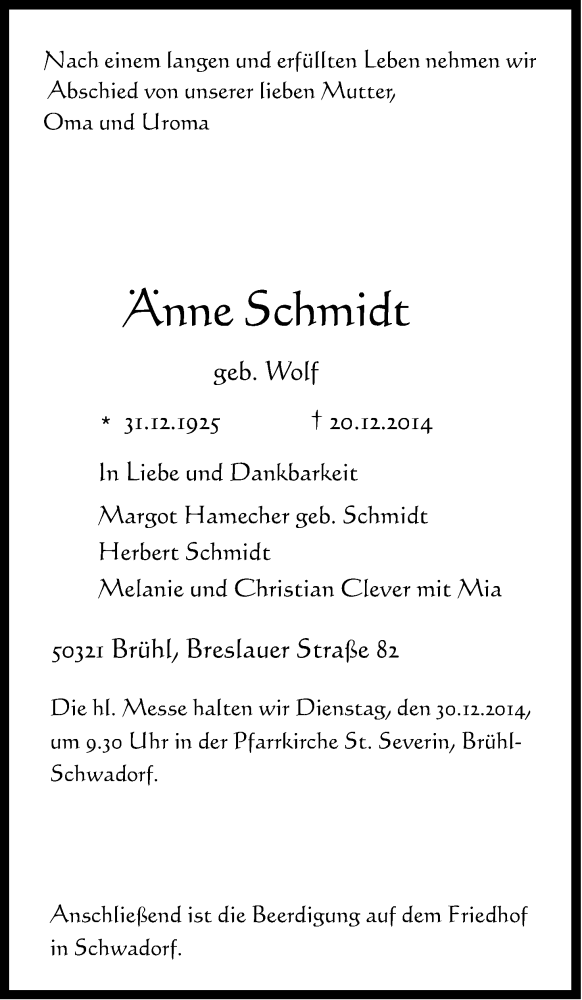  Traueranzeige für Änne Schmidt vom 27.12.2014 aus Kölner Stadt-Anzeiger / Kölnische Rundschau / Express