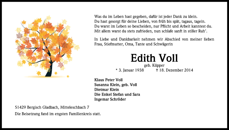  Traueranzeige für Edith Voll vom 24.12.2014 aus Kölner Stadt-Anzeiger / Kölnische Rundschau / Express