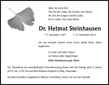 Anzeige von Helmut Steinhausen von Kölner Stadt-Anzeiger / Kölnische Rundschau / Express