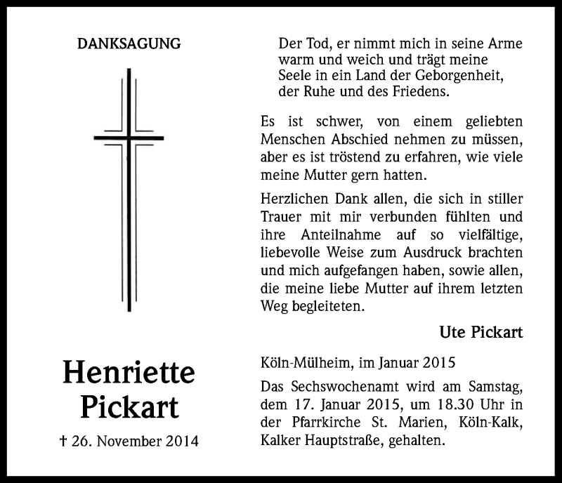  Traueranzeige für Henriette Pickart vom 03.01.2015 aus Kölner Stadt-Anzeiger / Kölnische Rundschau / Express