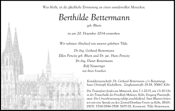 Anzeige von Berthilde Bettermann von Kölner Stadt-Anzeiger / Kölnische Rundschau / Express