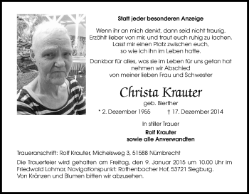 Anzeige von Christa Krauter von Kölner Stadt-Anzeiger / Kölnische Rundschau / Express