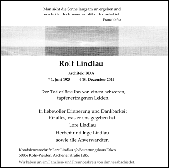 Anzeige von Rolf Lindlau von Kölner Stadt-Anzeiger / Kölnische Rundschau / Express