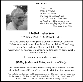 Anzeige von Detlef Petersen von Kölner Stadt-Anzeiger / Kölnische Rundschau / Express