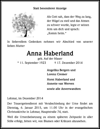 Anzeige von Anna Haberland von Kölner Stadt-Anzeiger / Kölnische Rundschau / Express