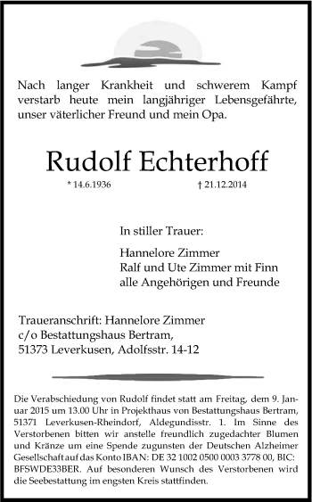 Anzeige von Rudolf Echterhoff von Kölner Stadt-Anzeiger / Kölnische Rundschau / Express