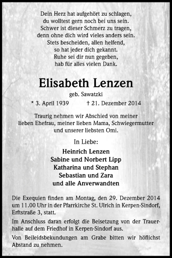 Anzeige von Elisabeth Lenzen von Kölner Stadt-Anzeiger / Kölnische Rundschau / Express