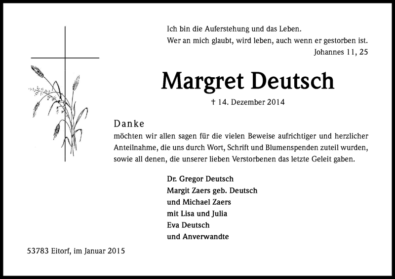  Traueranzeige für Margret Deutsch vom 02.01.2015 aus Kölner Stadt-Anzeiger / Kölnische Rundschau / Express