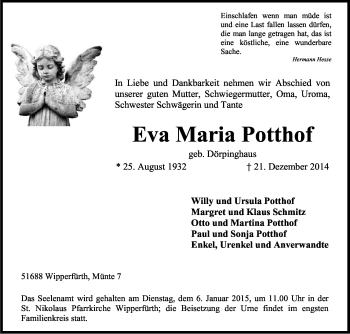 Anzeige von Eva Maria Potthof von Kölner Stadt-Anzeiger / Kölnische Rundschau / Express