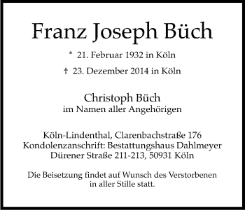Anzeige von Franz Joseph Büch von Kölner Stadt-Anzeiger / Kölnische Rundschau / Express