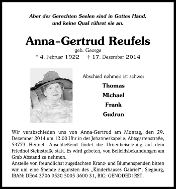Anzeige von Anna-Gertrud  Reufels von Kölner Stadt-Anzeiger / Kölnische Rundschau / Express
