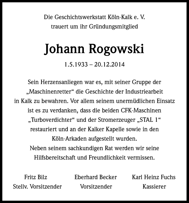  Traueranzeige für Johann Rogowski vom 27.12.2014 aus Kölner Stadt-Anzeiger / Kölnische Rundschau / Express