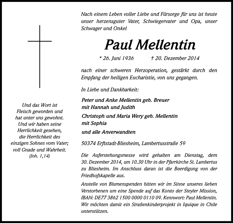  Traueranzeige für Paul Mellentin vom 27.12.2014 aus Kölner Stadt-Anzeiger / Kölnische Rundschau / Express