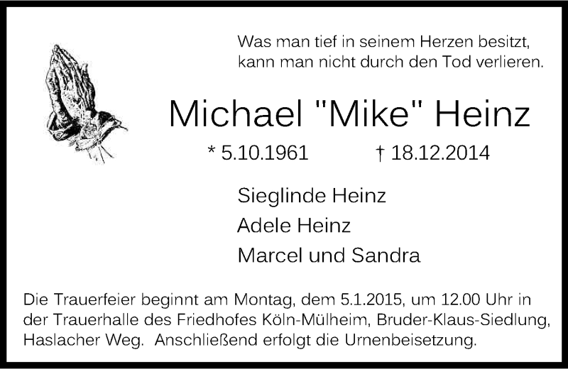  Traueranzeige für Michael Heinz vom 27.12.2014 aus Kölner Stadt-Anzeiger / Kölnische Rundschau / Express