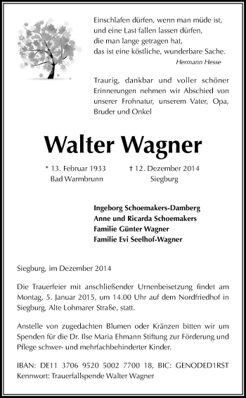 Anzeige von Walter Wagner von Kölner Stadt-Anzeiger / Kölnische Rundschau / Express