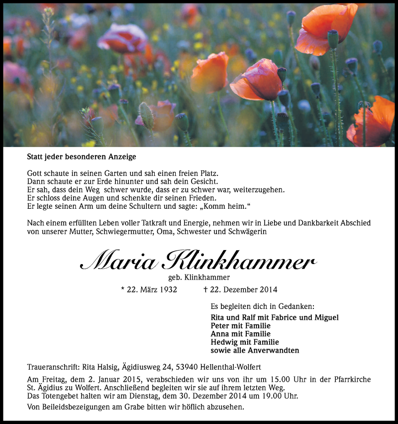  Traueranzeige für Maria Klinkhammer vom 27.12.2014 aus Kölner Stadt-Anzeiger / Kölnische Rundschau / Express