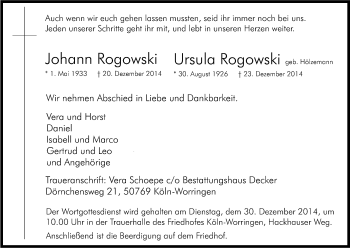 Anzeige von Johann und Ursula Rogowski von Kölner Stadt-Anzeiger / Kölnische Rundschau / Express